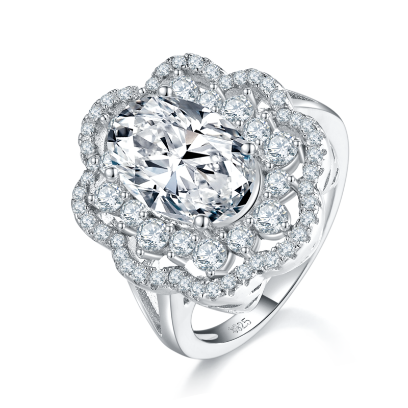 豪华蛋形女戒S925银镀白金定制选款主石莫桑钻4.5ct/副石高碳钻