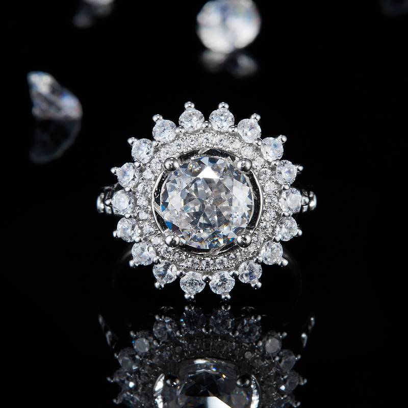 豪华满钻太阳花Women's RingS925银镀白金定制选款主石Moissanite2.0ct/副石高碳钻