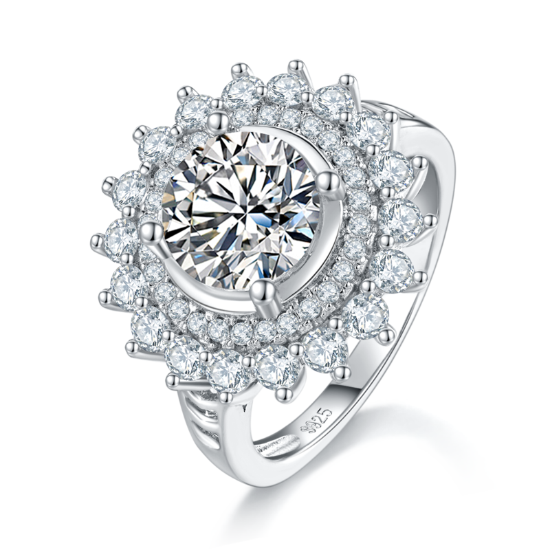 豪华满钻太阳花Women's RingS925银镀白金定制选款主石Moissanite2.0ct/副石高碳钻