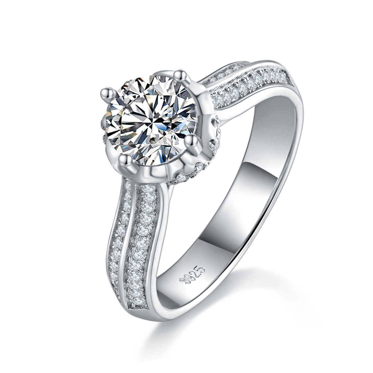 单头女戒S925银镀白金女戒定制选款主石莫桑钻1.0ct/副石高碳钻