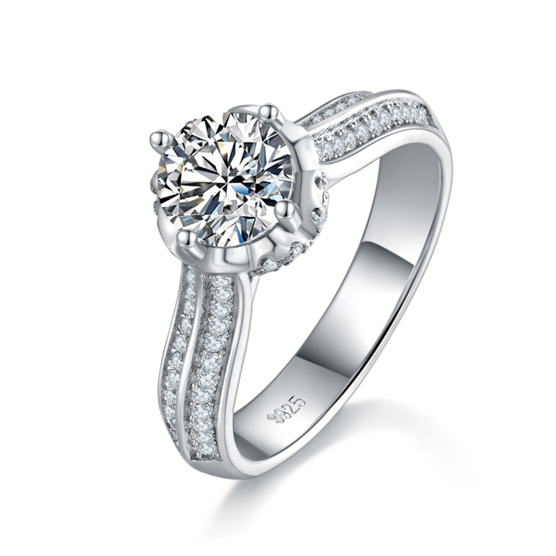 单头女戒S925银镀白金女戒定制选款主石莫桑钻1.0ct/副石高碳钻