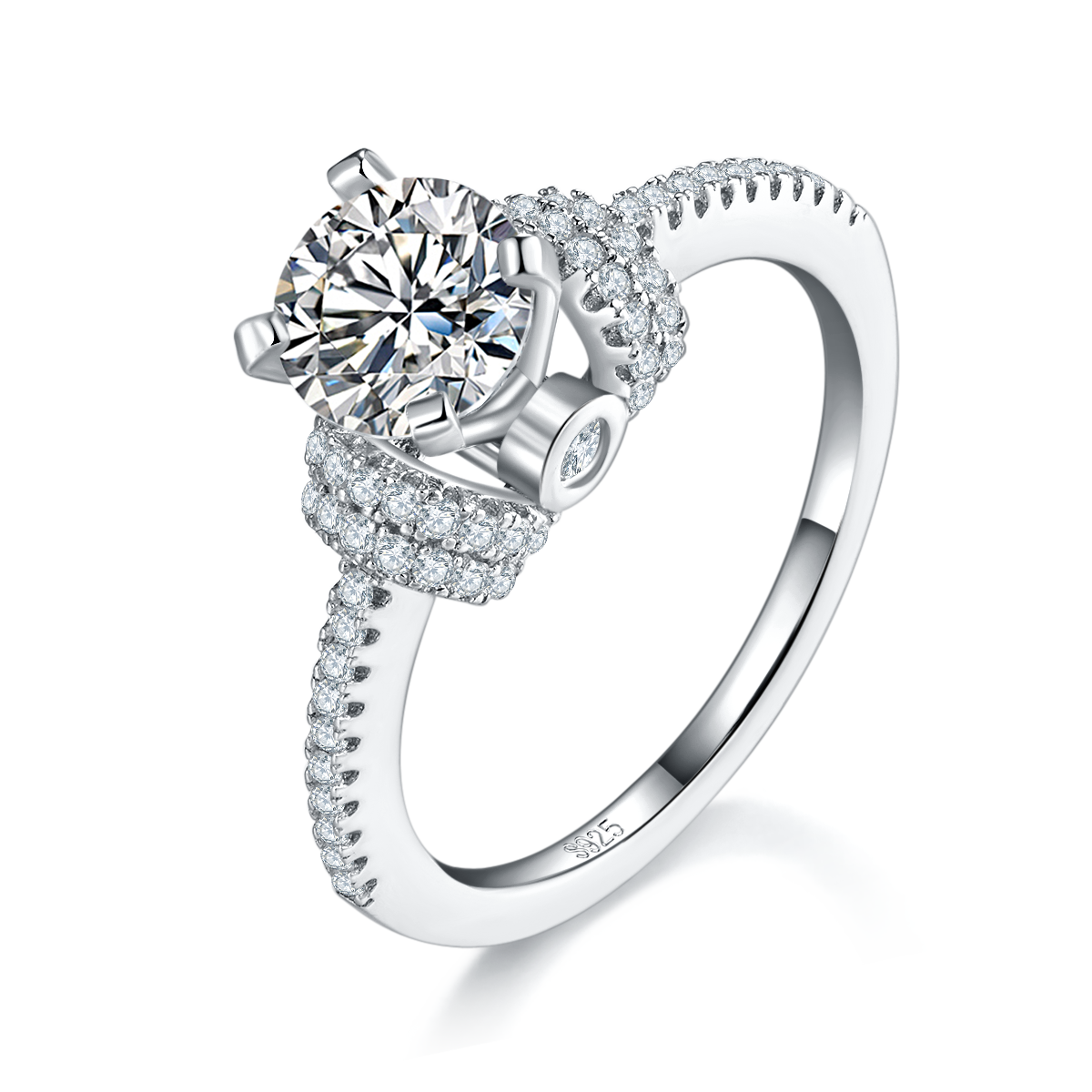 单头女戒S925银镀白金定制选款主石莫桑钻1.0ct/副石高碳钻