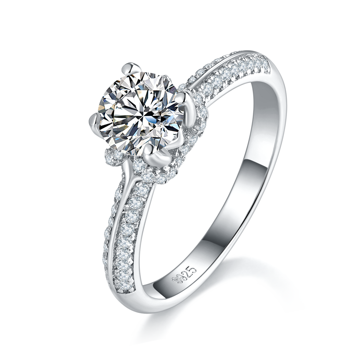 单头女戒S925银镀白金定制选款主石莫桑钻0.8ct/副石高碳钻