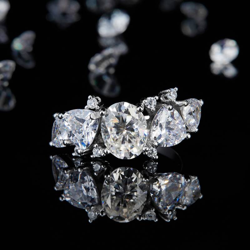 异形钻排戒S925银镀白金Women's Ring定制选款主副石Moissanite2.0ct