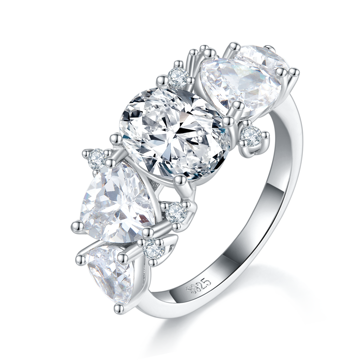 Irregular Diamond Row Ring S925 Silver Plated Platinum Women's Ring Customized Selection Main and Deputy Stone Moissanite Diamonds 2.0ct