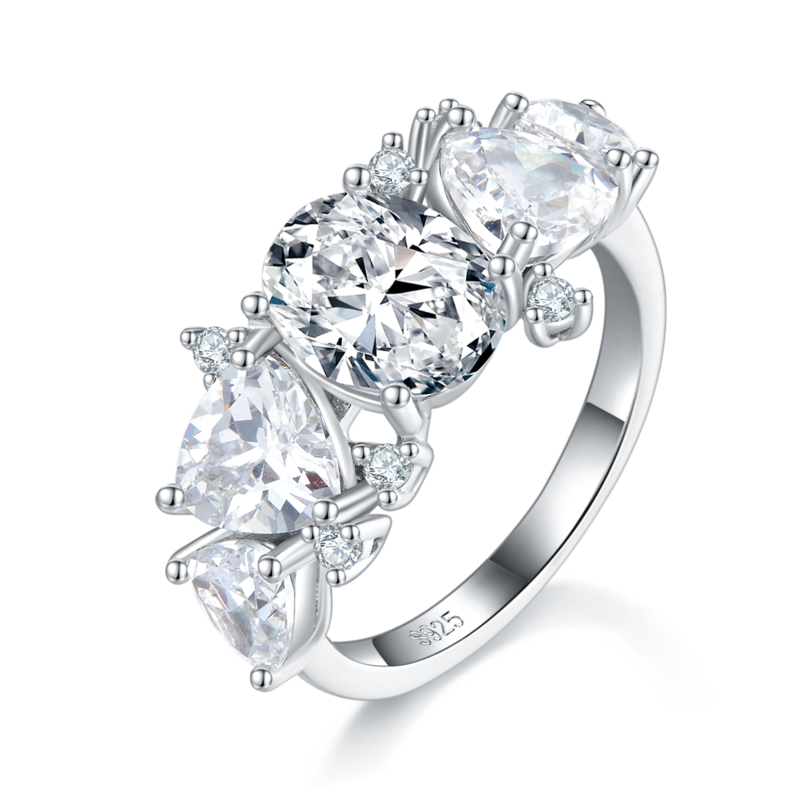 异形钻排戒S925银镀白金Women's Ring定制选款主副石Moissanite2.0ct