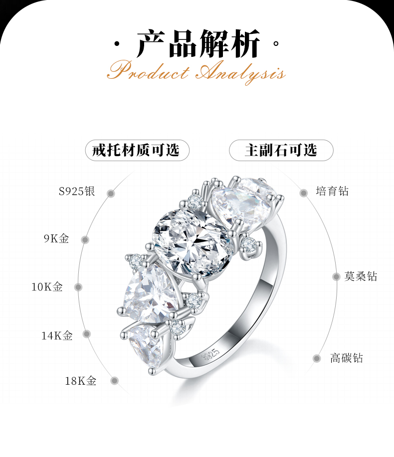 异形钻排戒S925银镀白金女戒定制选款主副石莫桑钻2.0ct - 2