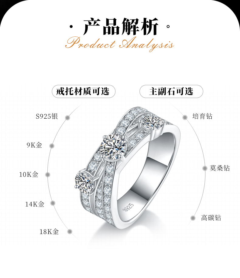 轻奢满钻女戒S925银镀白金定制选款主石莫桑钻0.4ct/副石高碳钻 - 2