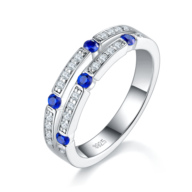 排戒S925银镀白金女戒定制选款副石培育蓝宝伴镶莫桑钻0.45ct