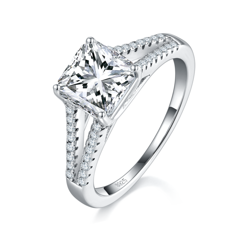 公主方Women's RingS925银镀白金定制选款主石Moissanite2.0ct/副石高碳钻