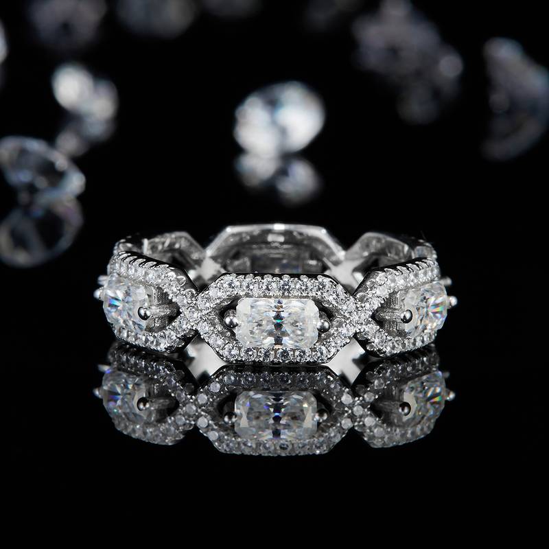 祖母切排戒S925银镀白金定制选款主石Moissanite3.58ct/副石高碳钻