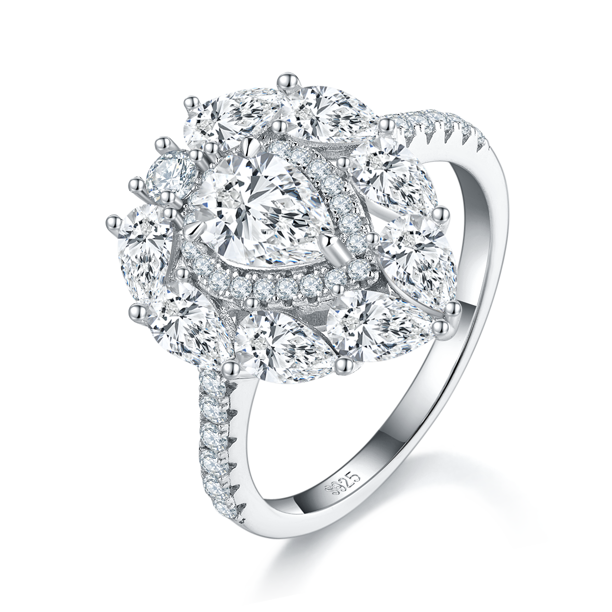 水滴女戒S925银镀白金定制选款主石莫桑钻0.8ct/副石高碳钻
