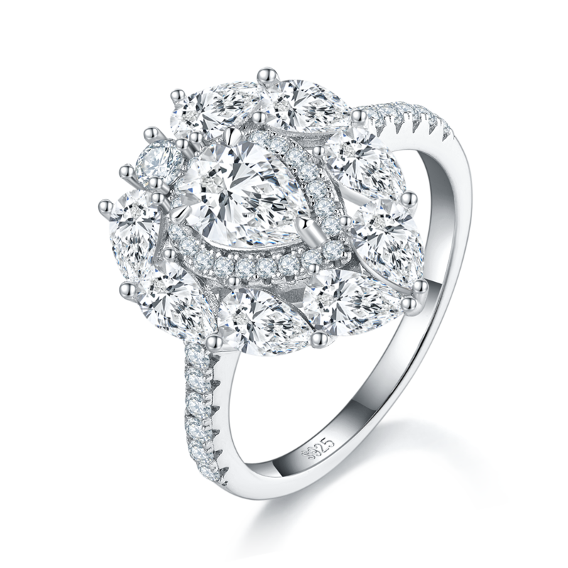 水滴女戒S925银镀白金定制选款主石莫桑钻0.8ct/副石高碳钻