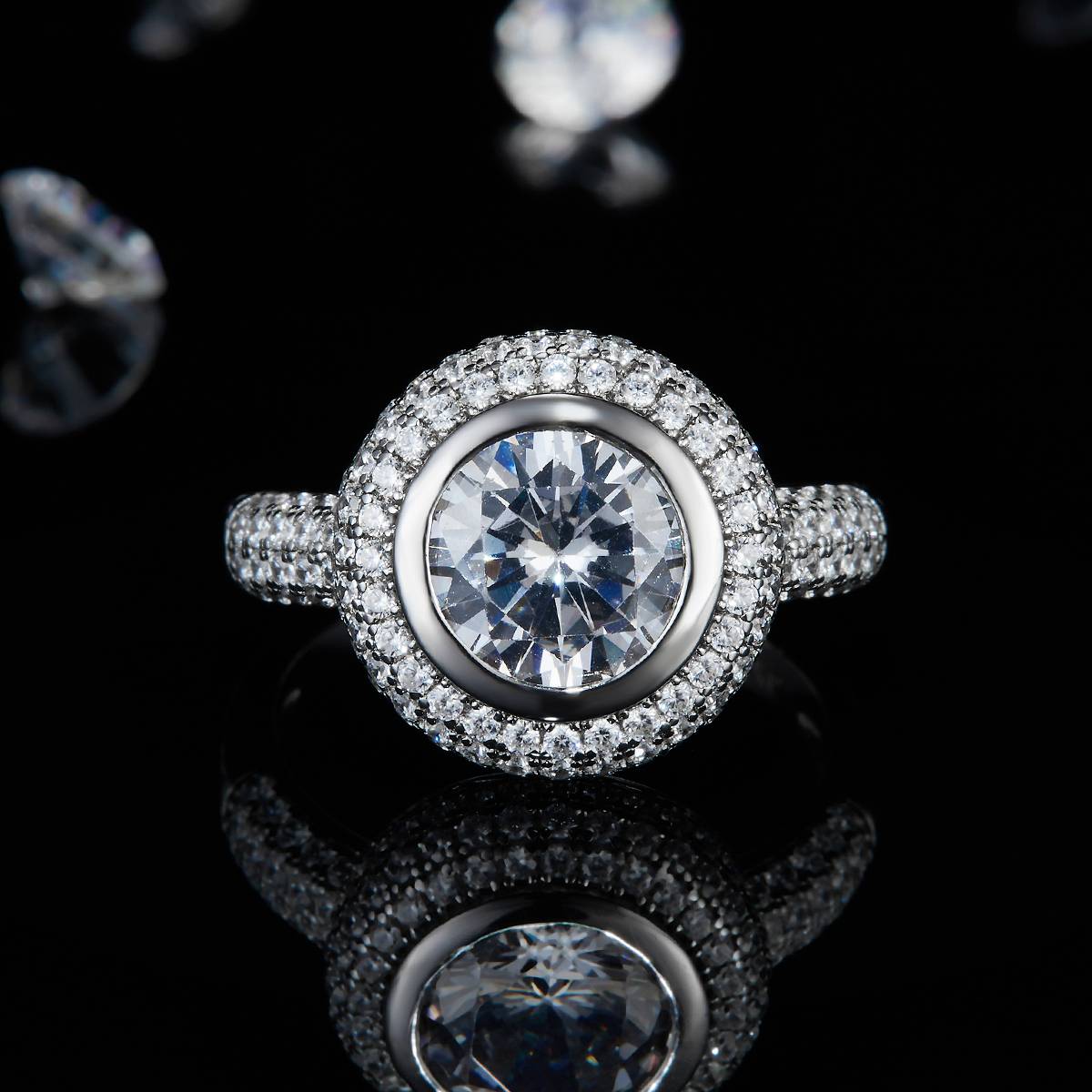 圆包女戒S925银镀白金定制选款主石莫桑钻3.0ct/副石高碳钻