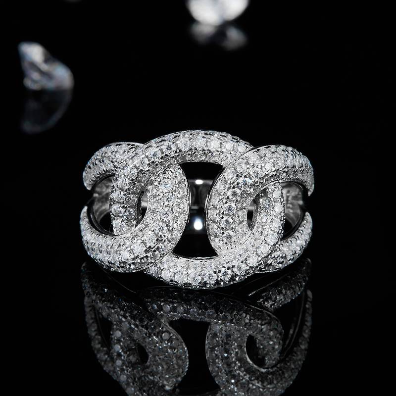 嘻哈风排戒S925银镀白金女戒定制选款副石莫桑钻1.55ct