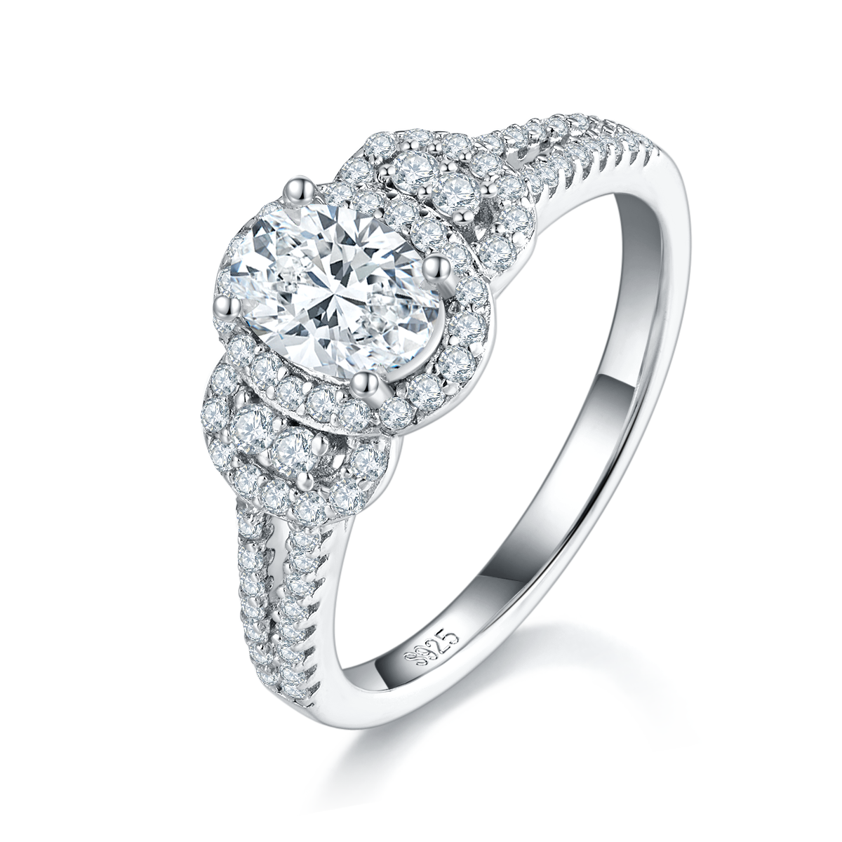 蛋形圆包女戒S925银镀白金女戒定制选款主石莫桑钻1.0ct/副石高碳钻