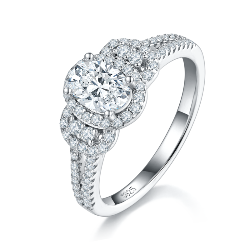 蛋形圆包女戒S925银镀白金女戒定制选款主石莫桑钻1.0ct/副石高碳钻