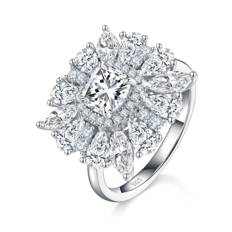 豪华枕形女戒S925银镀白金定制选款主石莫桑钻1.0ct/副石高碳钻