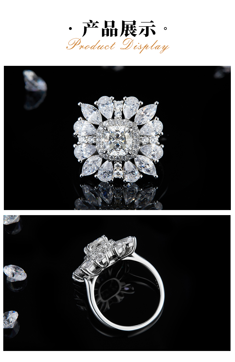 豪华枕形女戒S925银镀白金定制选款主石莫桑钻1.0ct/副石高碳钻 - 3