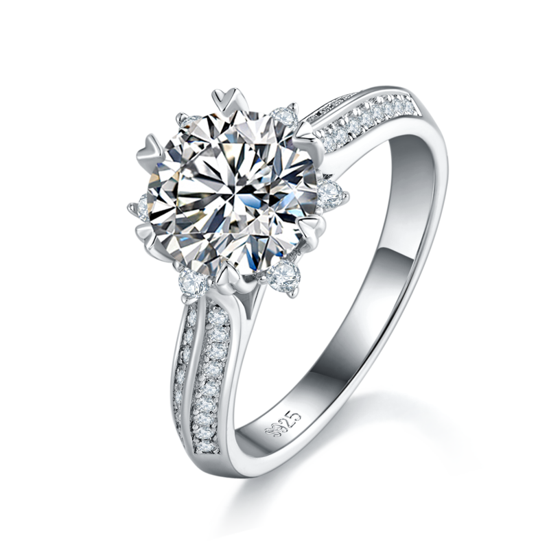 雪花款Women's RingS925银镀白金定制选款主石Moissanite2.0ct/副石高碳钻