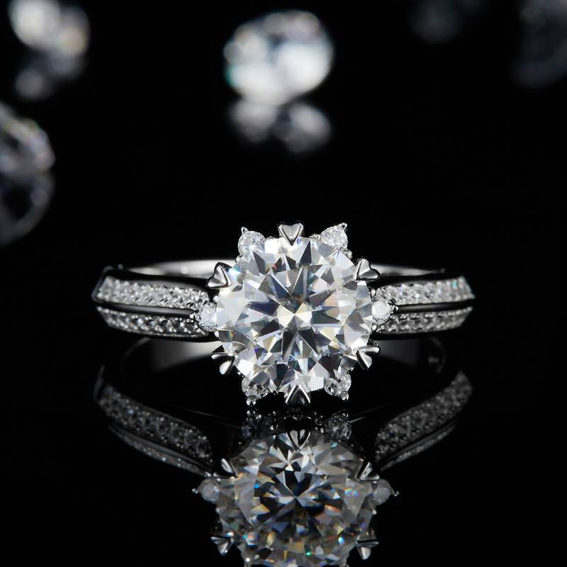 雪花款Women's RingS925银镀白金定制选款主石Moissanite2.0ct/副石高碳钻