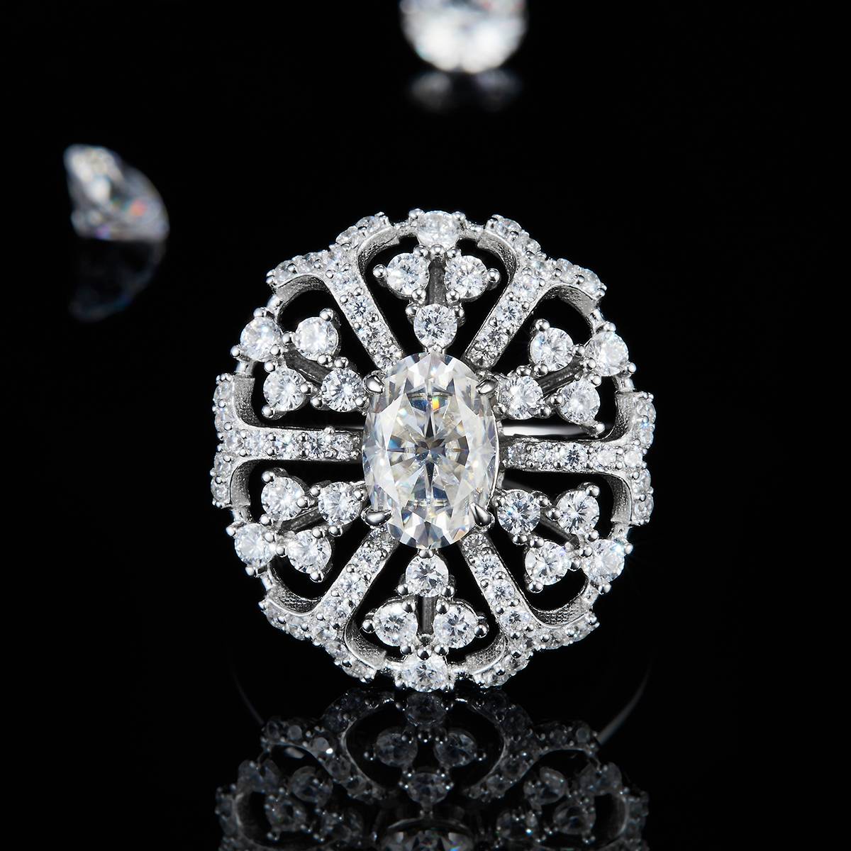 Deluxe Full Diamond Egg shaped Women's Ring S925 Silver Plated Platinum Customized Selection Main Stone Moissanite Diamond 1.5ct/Secondary Stone High Carbon Diamond