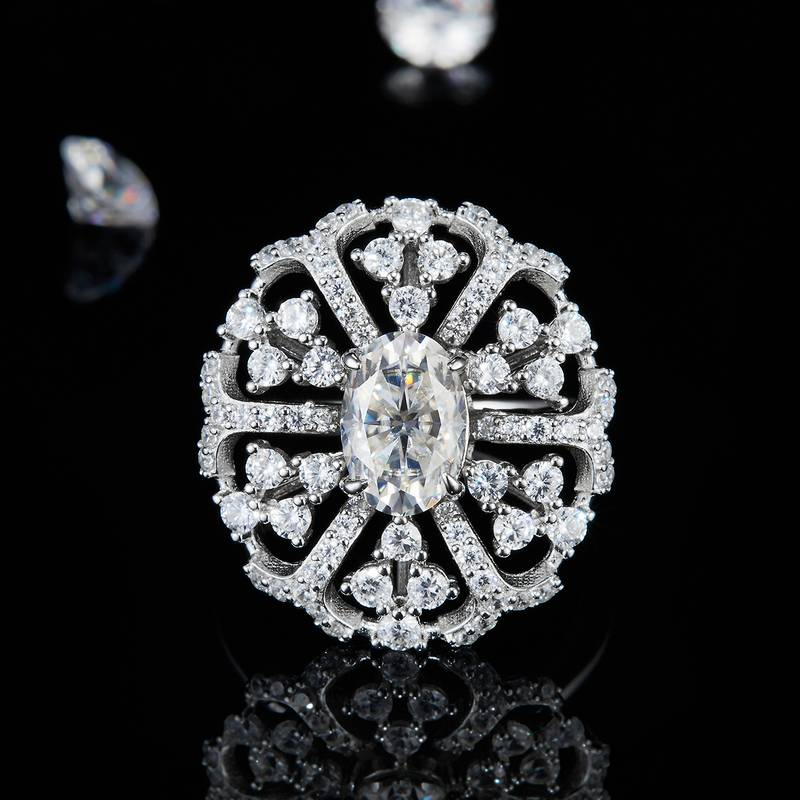 豪华满钻蛋形Women's RingS925银镀白金定制选款主石Moissanite1.5ct/副石高碳钻
