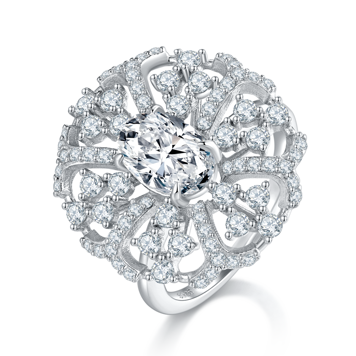 Deluxe Full Diamond Egg shaped Women's Ring S925 Silver Plated Platinum Customized Selection Main Stone Moissanite Diamond 1.5ct/Secondary Stone High Carbon Diamond