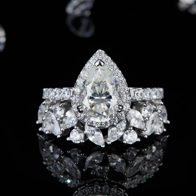 豪华梨形Women's RingS925银镀白金定制选款主石Moissanite2.0ct/副石高碳钻