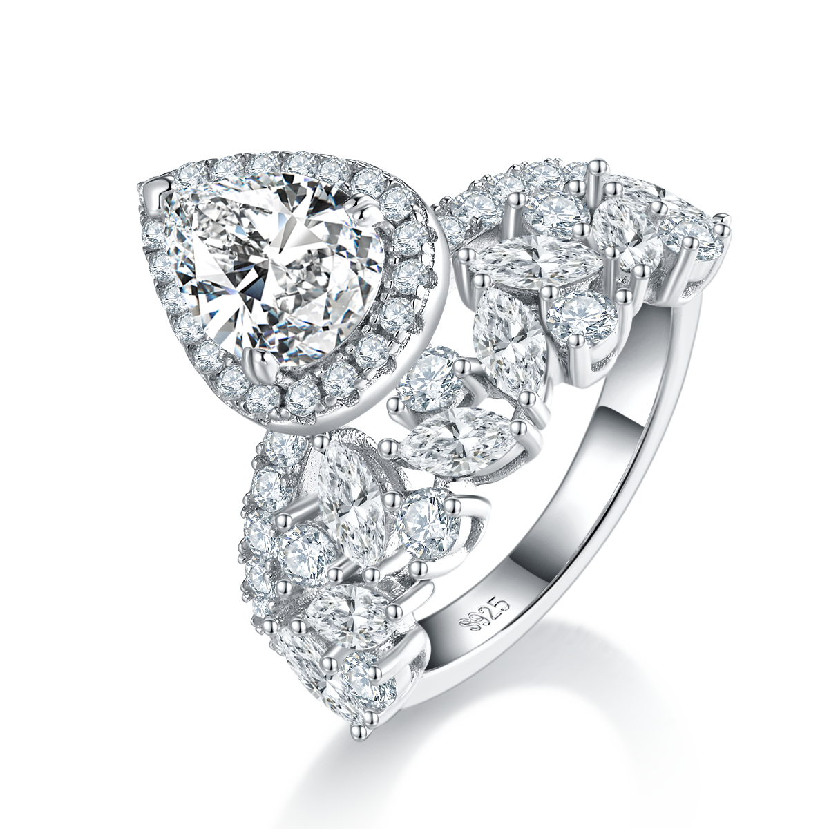 Luxury Pear shaped Women's Ring S925 Silver Plated Platinum Customized Selection Main Stone Moissanite Diamond 2.0ct/Secondary Stone High Carbon Diamond
