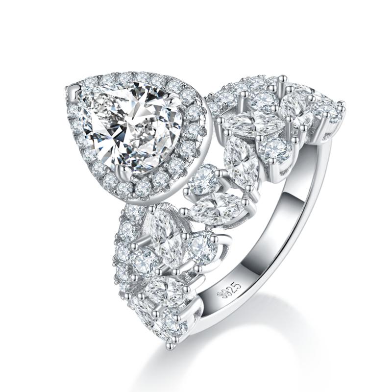 豪华梨形Women's RingS925银镀白金定制选款主石Moissanite2.0ct/副石高碳钻