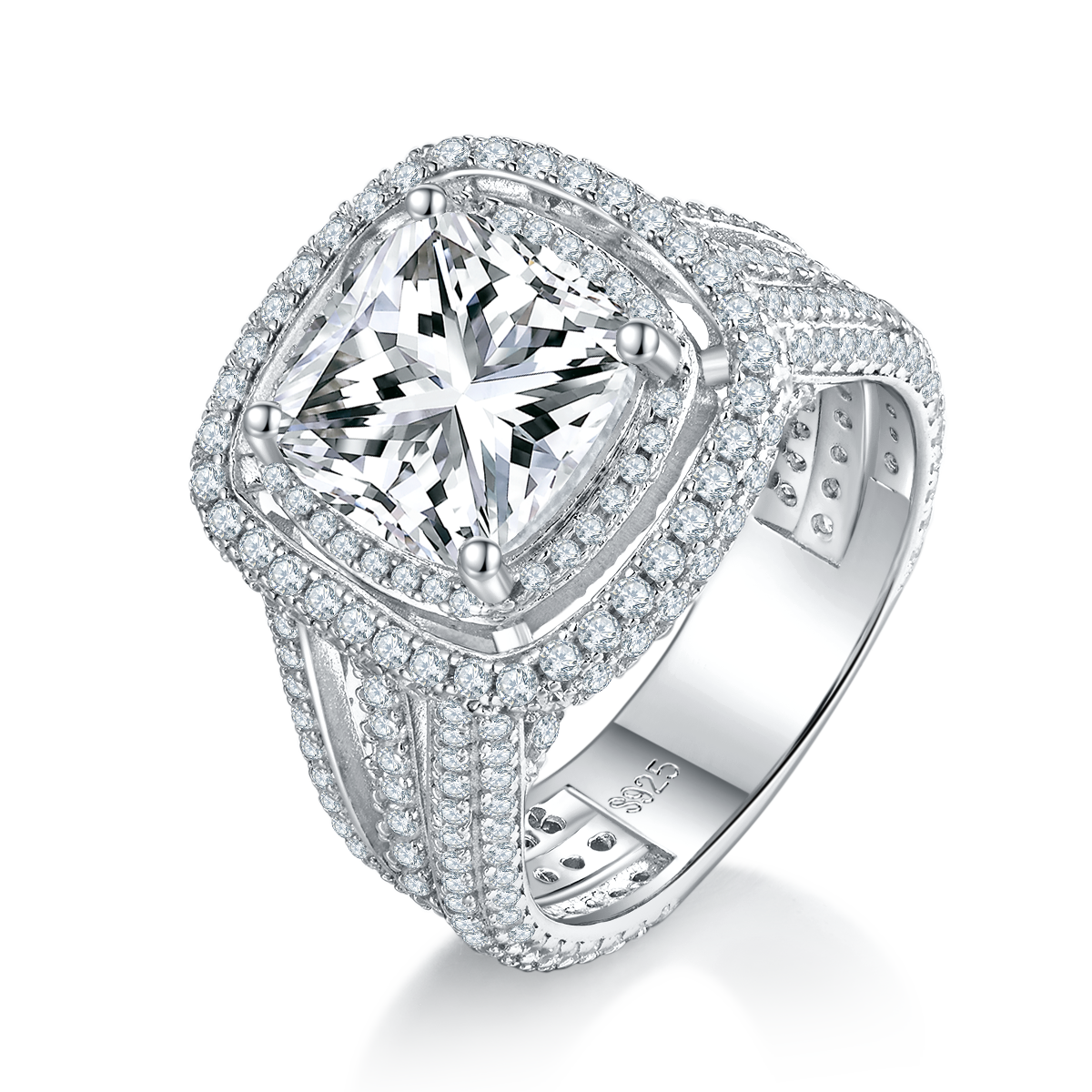 豪华枕形女戒S925银镀白金定制选款主石莫桑钻3.5ct/副石高碳钻