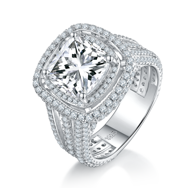 豪华枕形Women's RingS925银镀白金定制选款主石Moissanite3.5ct/副石高碳钻