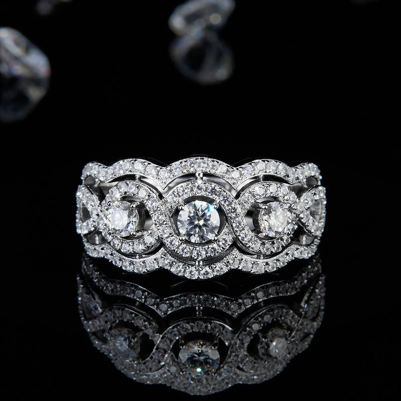 圆包排戒S925银镀白金Women's Ring定制选款主副石Moissanite0.98ct