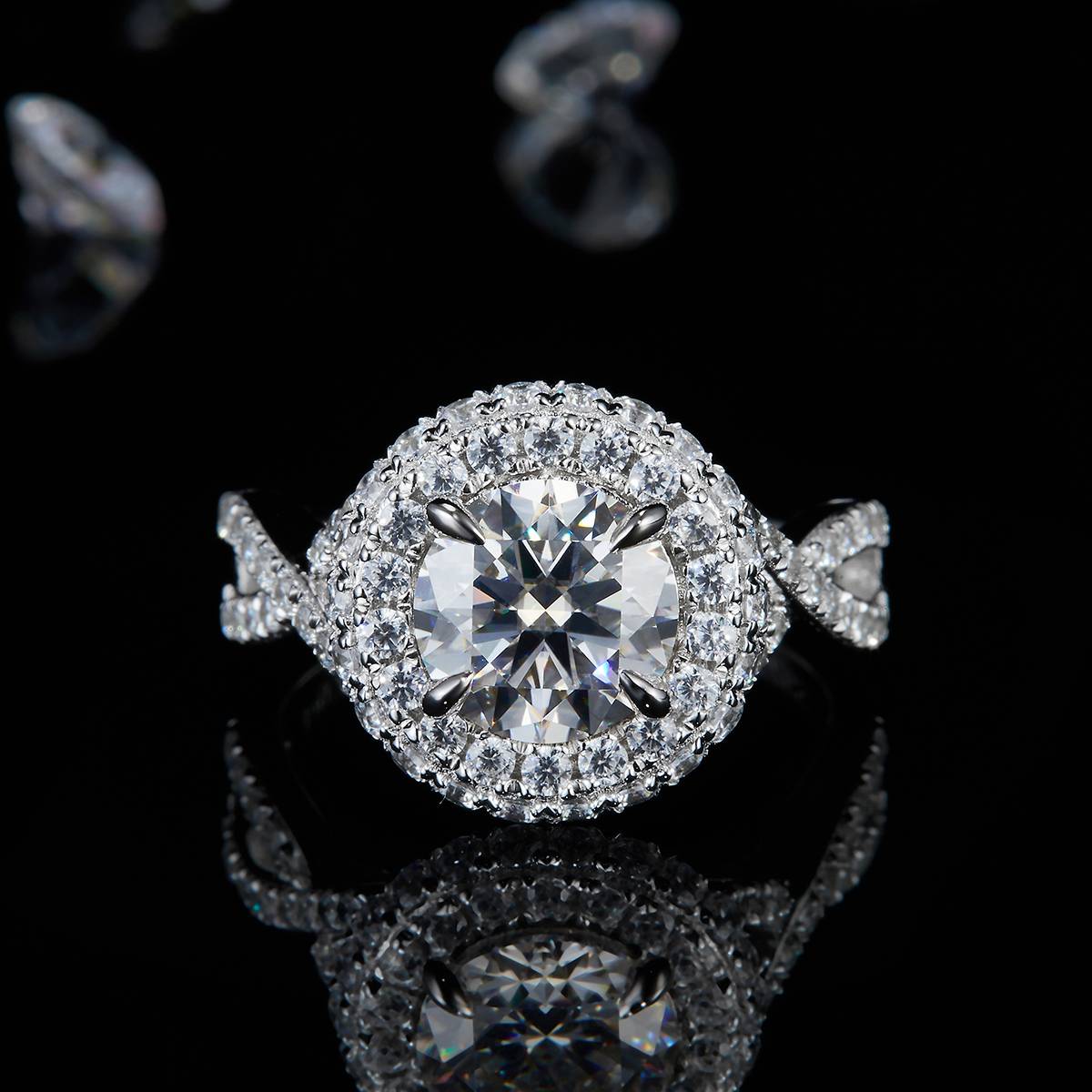 Luxury Round Bag Women's Ring S925 Silver Plated Platinum Women's Ring Customized Selection Main Stone Moissanite Diamond 2.0ct/Secondary Stone High Carbon Diamond