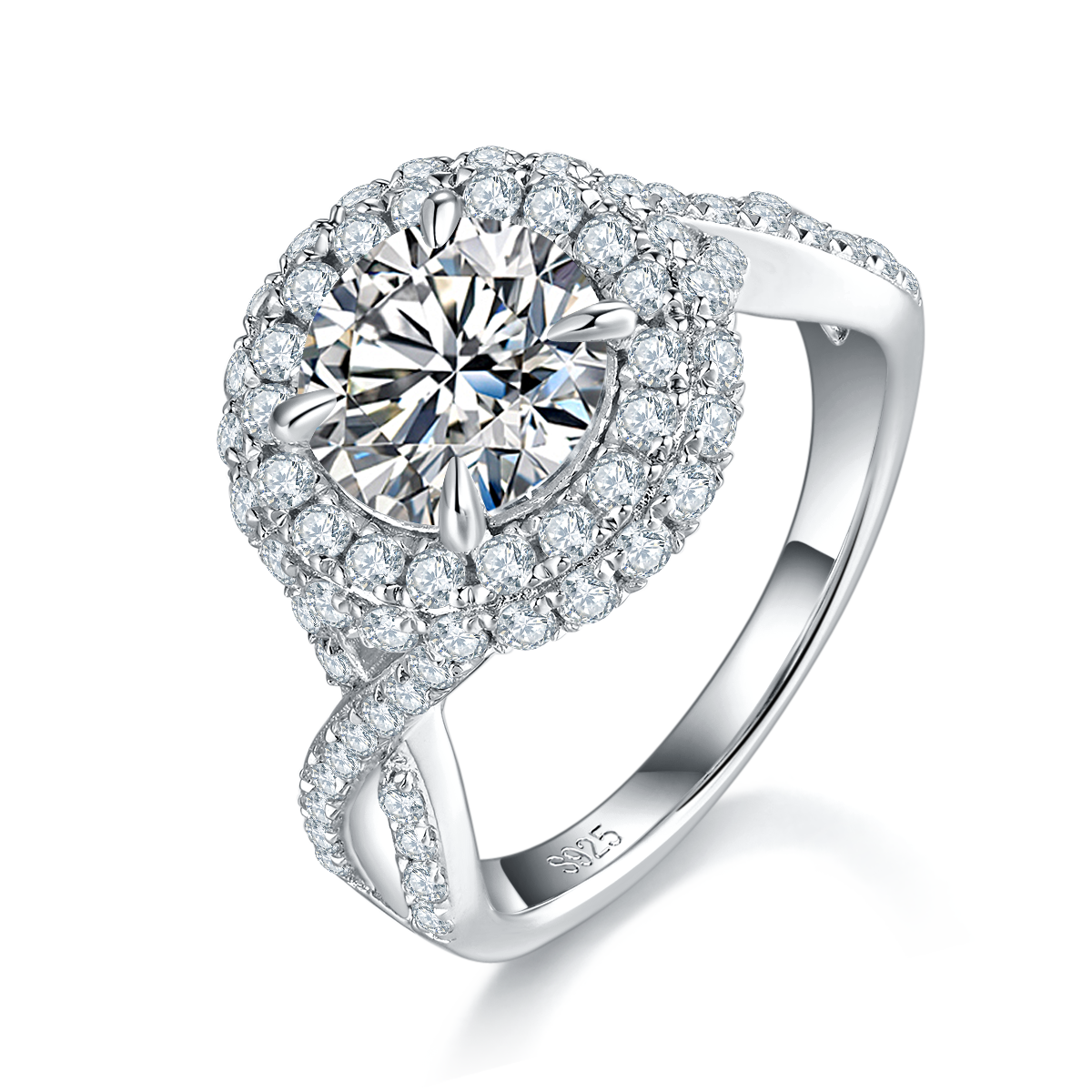 Luxury Round Bag Women's Ring S925 Silver Plated Platinum Women's Ring Customized Selection Main Stone Moissanite Diamond 2.0ct/Secondary Stone High Carbon Diamond