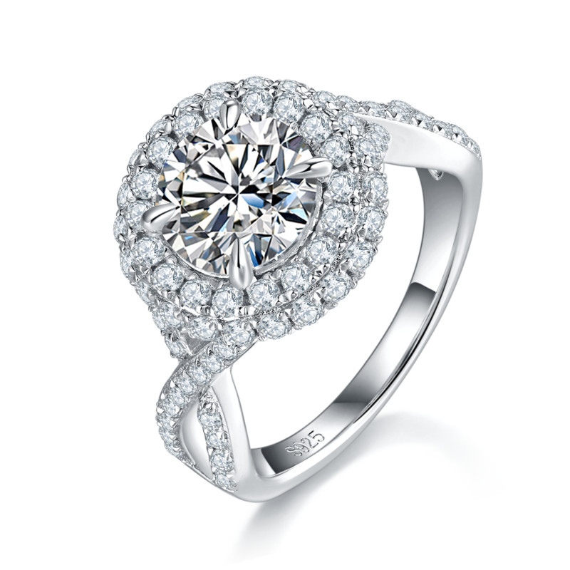 豪华圆包Women's RingS925银镀白金Women's Ring定制选款主石Moissanite2.0ct/副石高碳钻