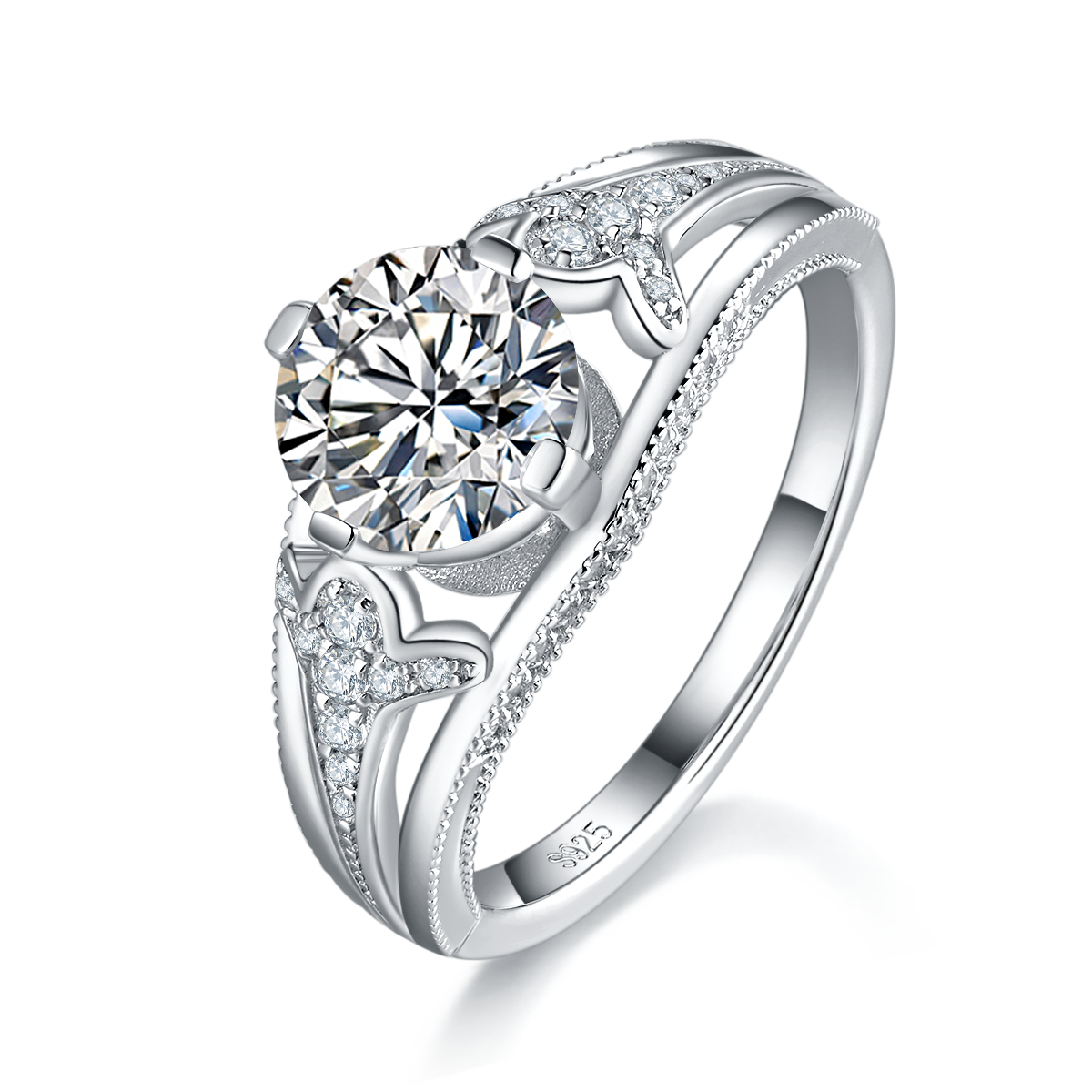 Fashion Four Claw Women's Ring S925 Silver Plated Platinum Customized Selection Main Stone Moissanite Diamond 1.0ct/Secondary Stone High Carbon Diamond