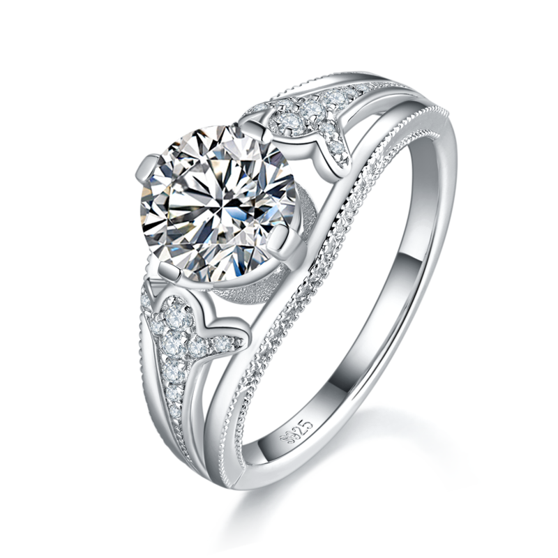 Fashion四爪Women's RingS925银镀白金定制选款主石Moissanite1.0ct/副石高碳钻