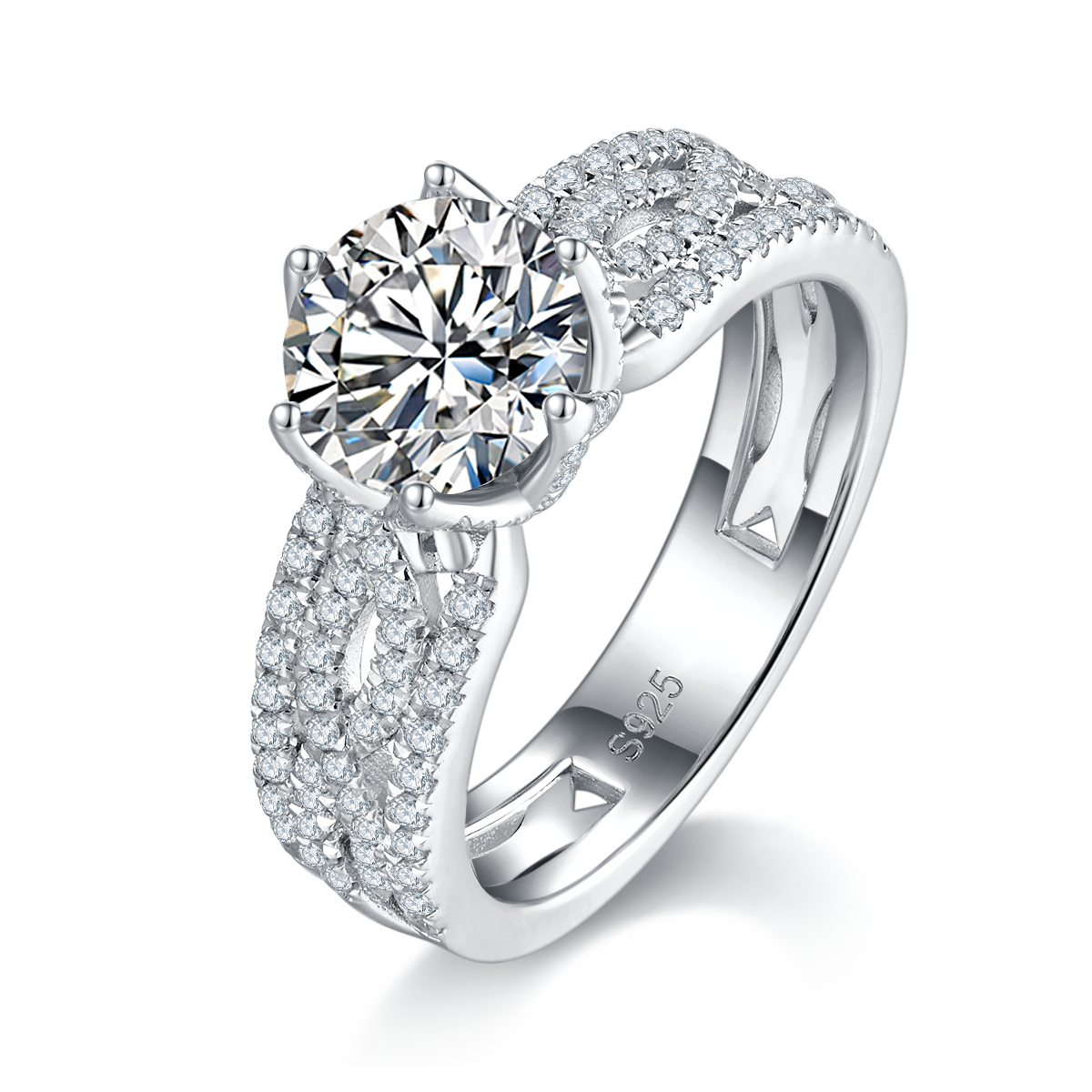 豪华满钻四爪女戒S925银镀白金定制选款主石莫桑钻1.5ct/副石高碳钻