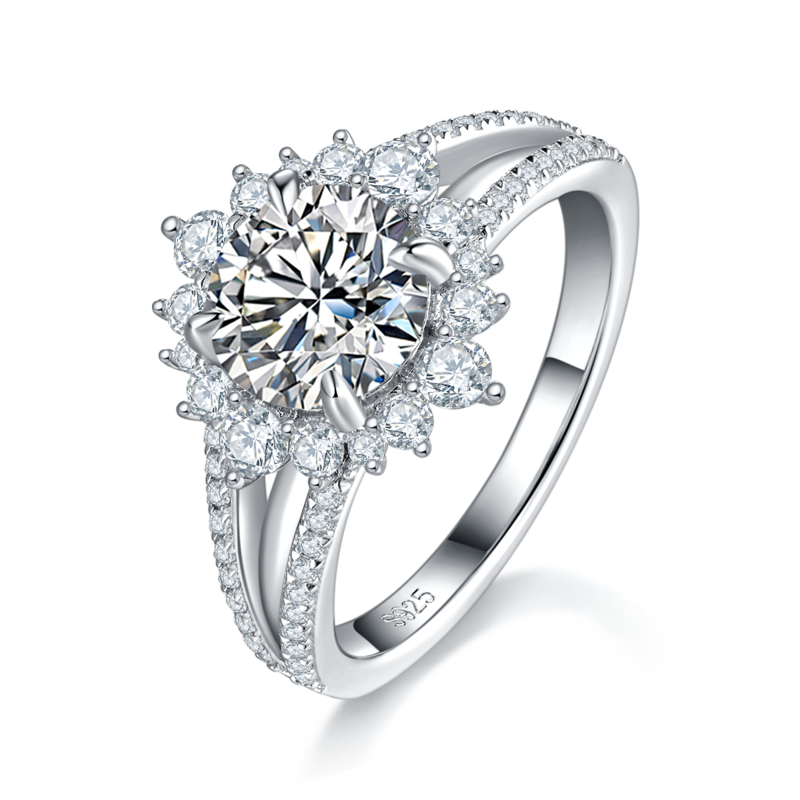 太阳花Women's RingS925银镀白金定制选款主石Moissanite1.5ct/副石高碳钻