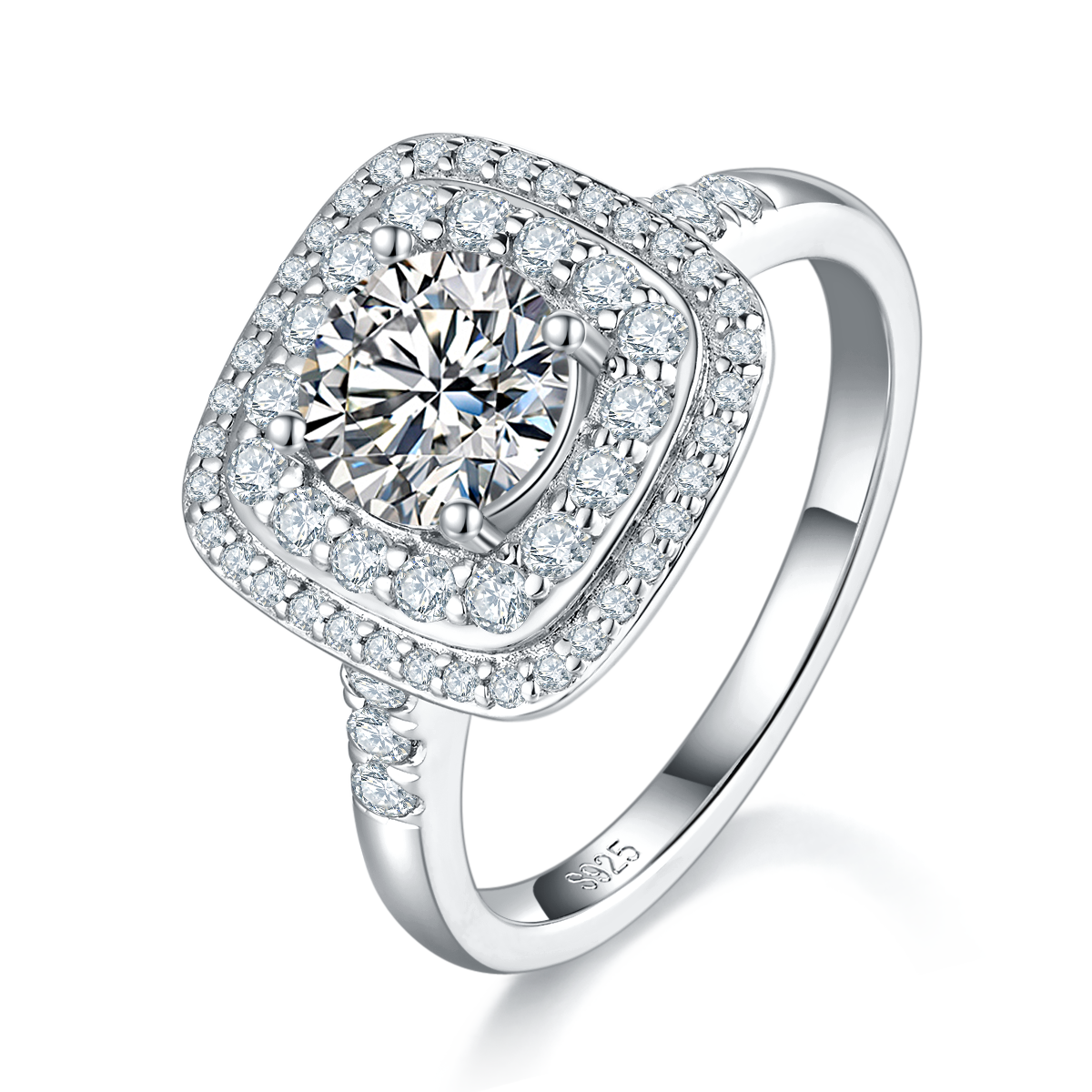 奢华方包女戒S925银镀白金定制选款主石莫桑钻1.0ct/副石高碳钻