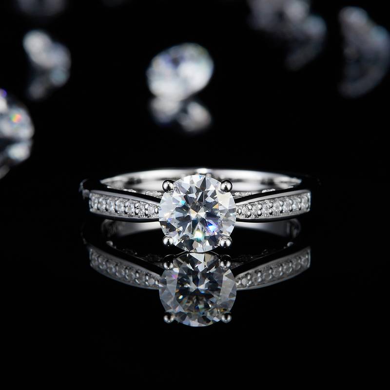 单头Women's RingS925银镀白金定制选款主石Moissanite1.0ct/副石高碳钻