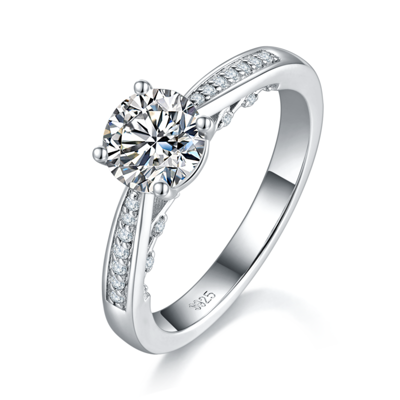 单头Women's RingS925银镀白金定制选款主石Moissanite1.0ct/副石高碳钻