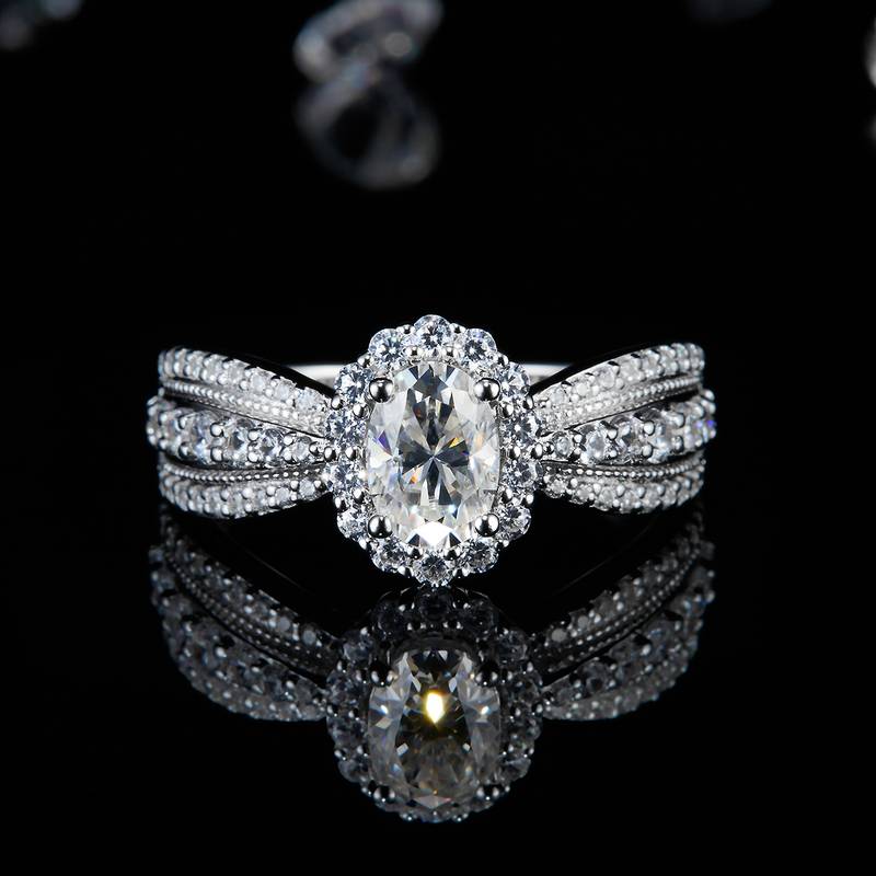 蛋形圆包Women's RingS925银镀白金Women's Ring定制选款主石Moissanite1.0ct/副石高碳钻