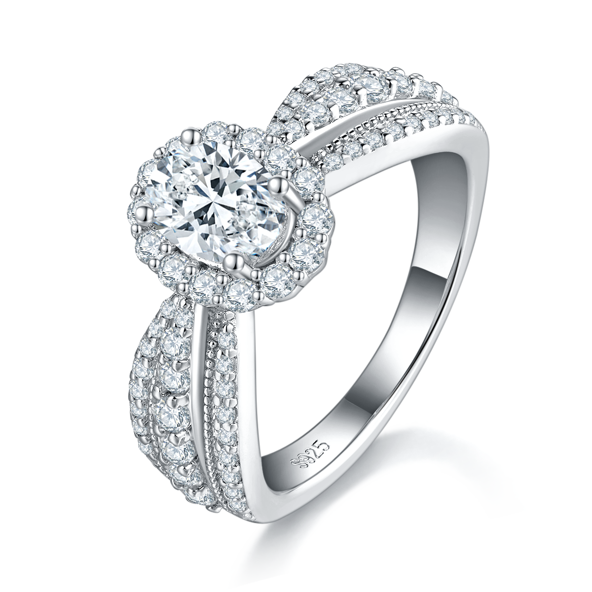 蛋形圆包女戒S925银镀白金女戒定制选款主石莫桑钻1.0ct/副石高碳钻