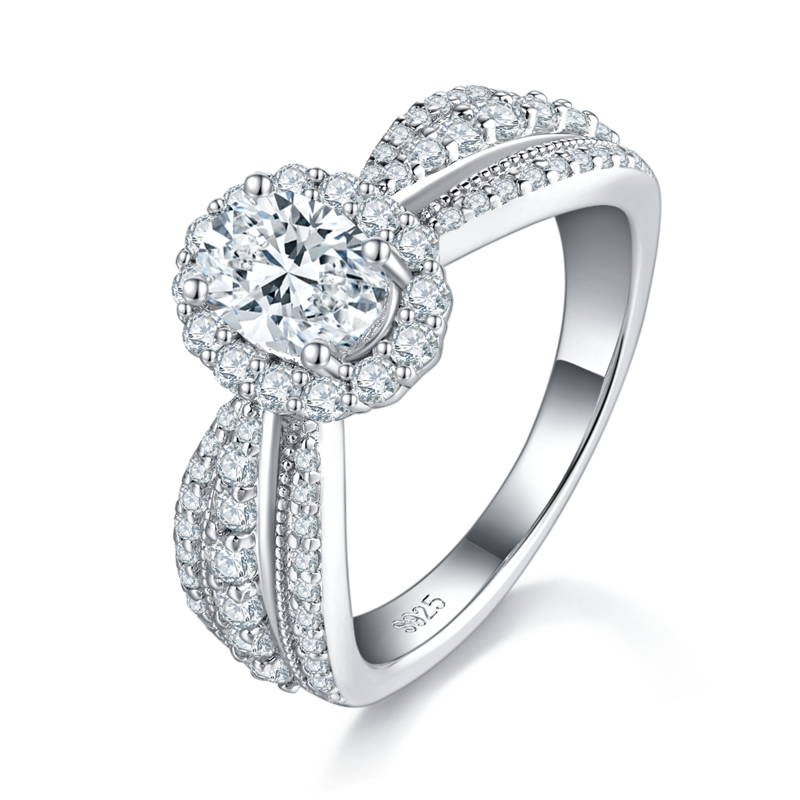 蛋形圆包Women's RingS925银镀白金Women's Ring定制选款主石Moissanite1.0ct/副石高碳钻