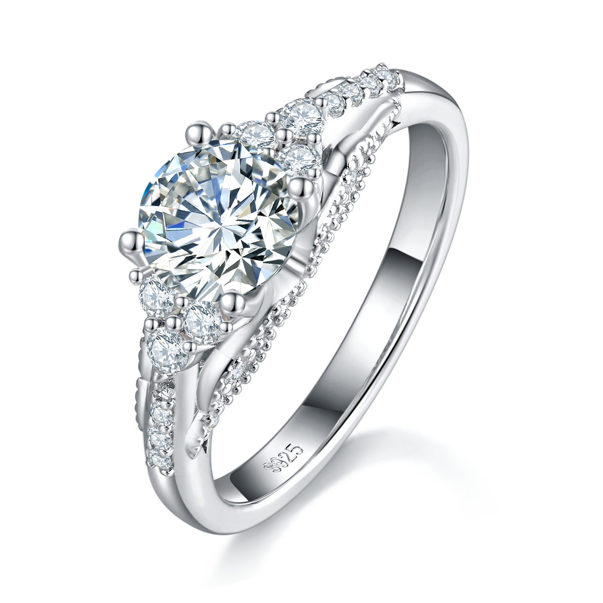 Light Luxury Four Claw Women's Ring S925 Silver Plated Platinum Customized Selection Main Stone Moissanite Diamond 1.0ct/Secondary Stone High Carbon Diamond