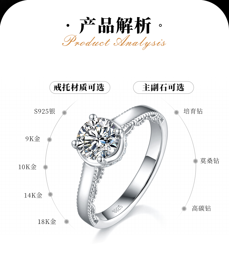 单头女戒S925银镀白金定制选款主石莫桑钻1.0ct/副石高碳钻 - 2