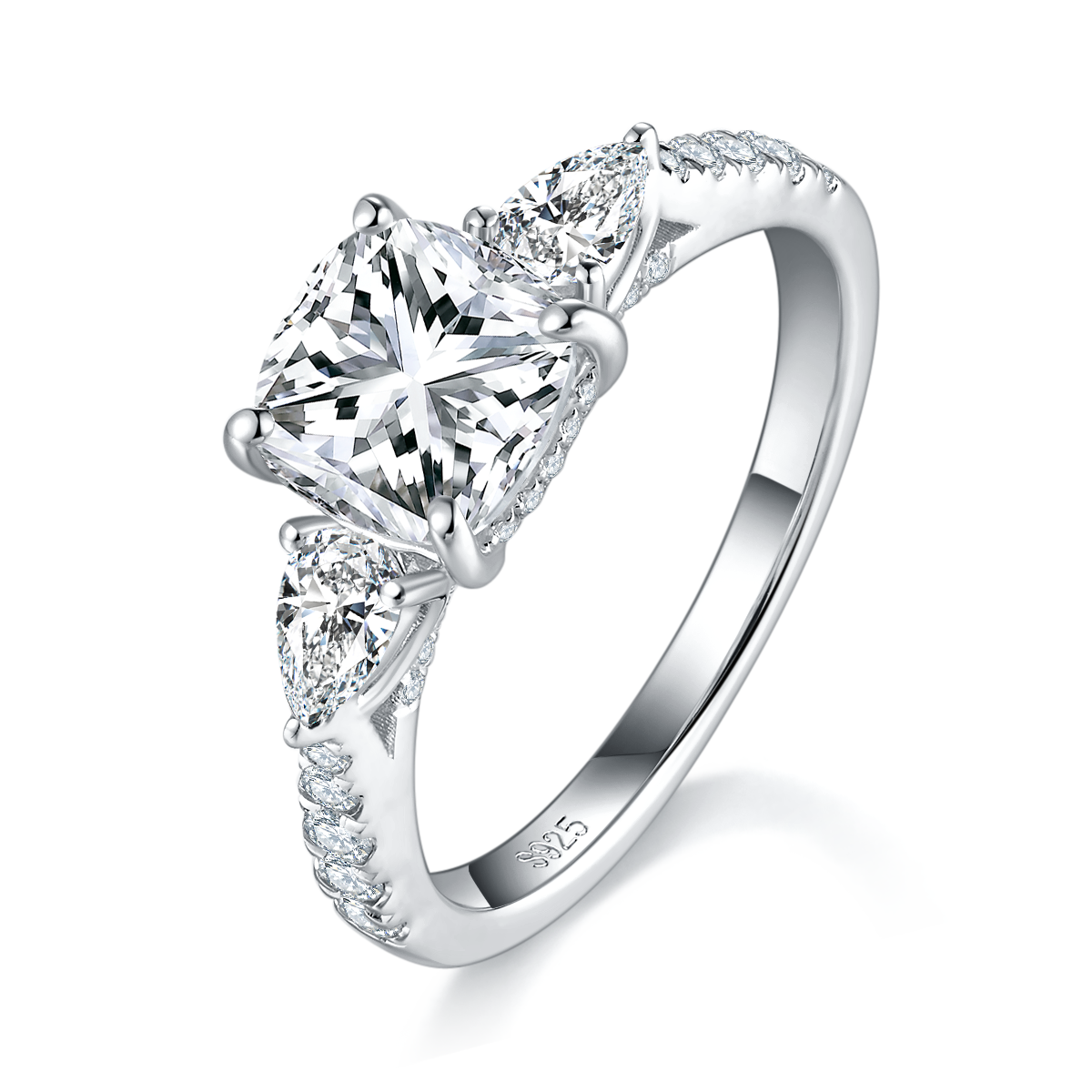 三石款公主方女戒S925银镀白金定制选款主石莫桑钻2.0ct/副石高碳钻